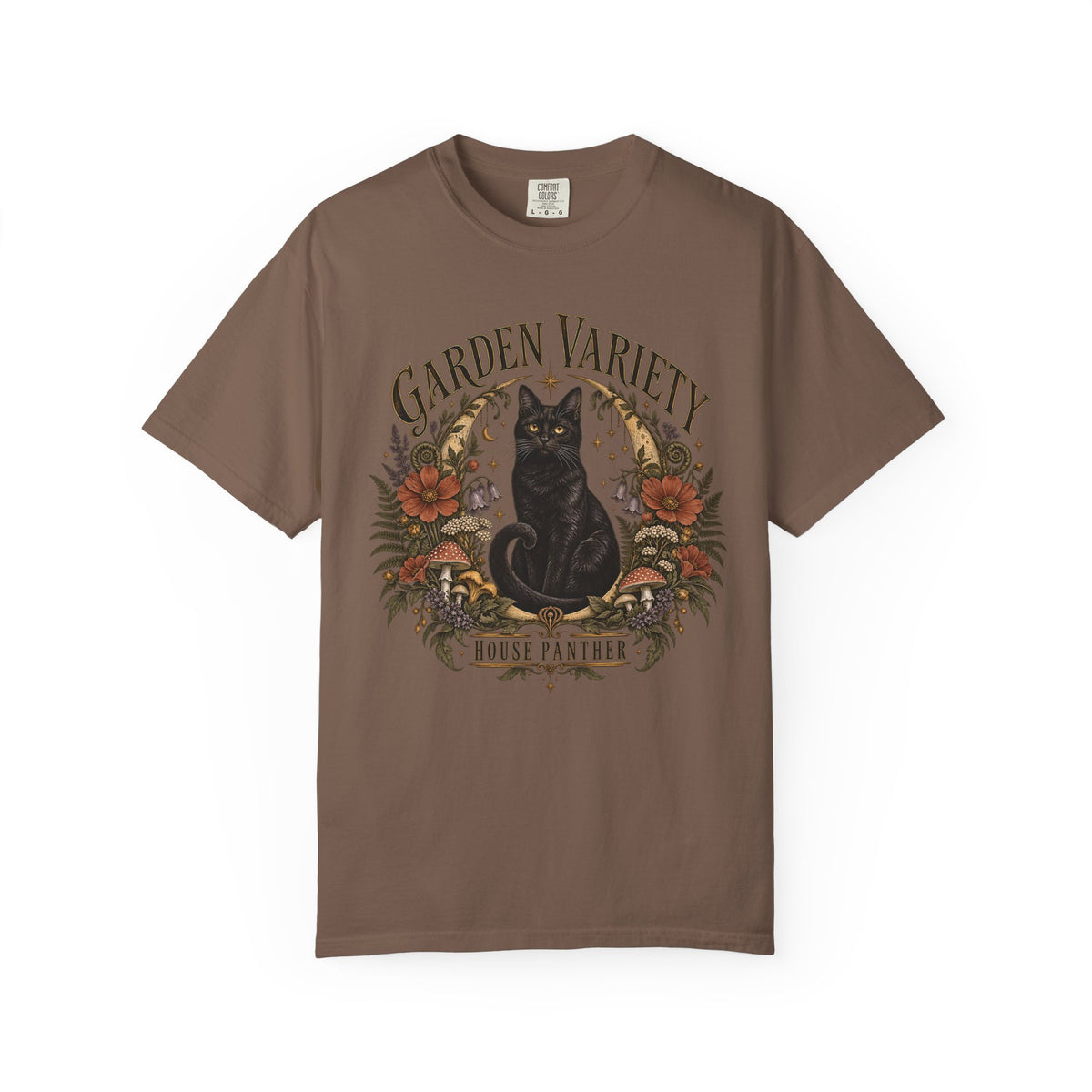 Garden Variety Black Cat T-Shirt — “House Panther” Vintage Floral Tee