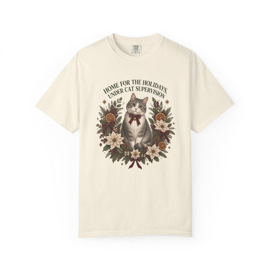 Holiday Cat T-Shirt — “Home for the Holidays Under Cat Supervision” Vintage Floral Cat Tee