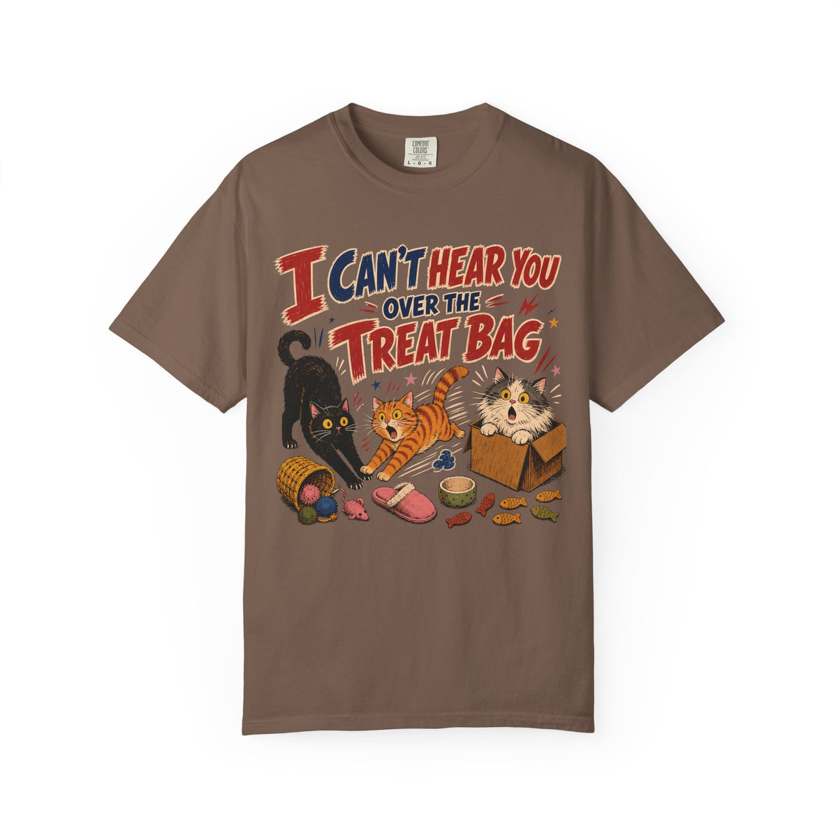 Halloween Cat Treats T-Shirt — "I Can't Hear You Over the Treat Bag" Cute Cat Halloween Tee