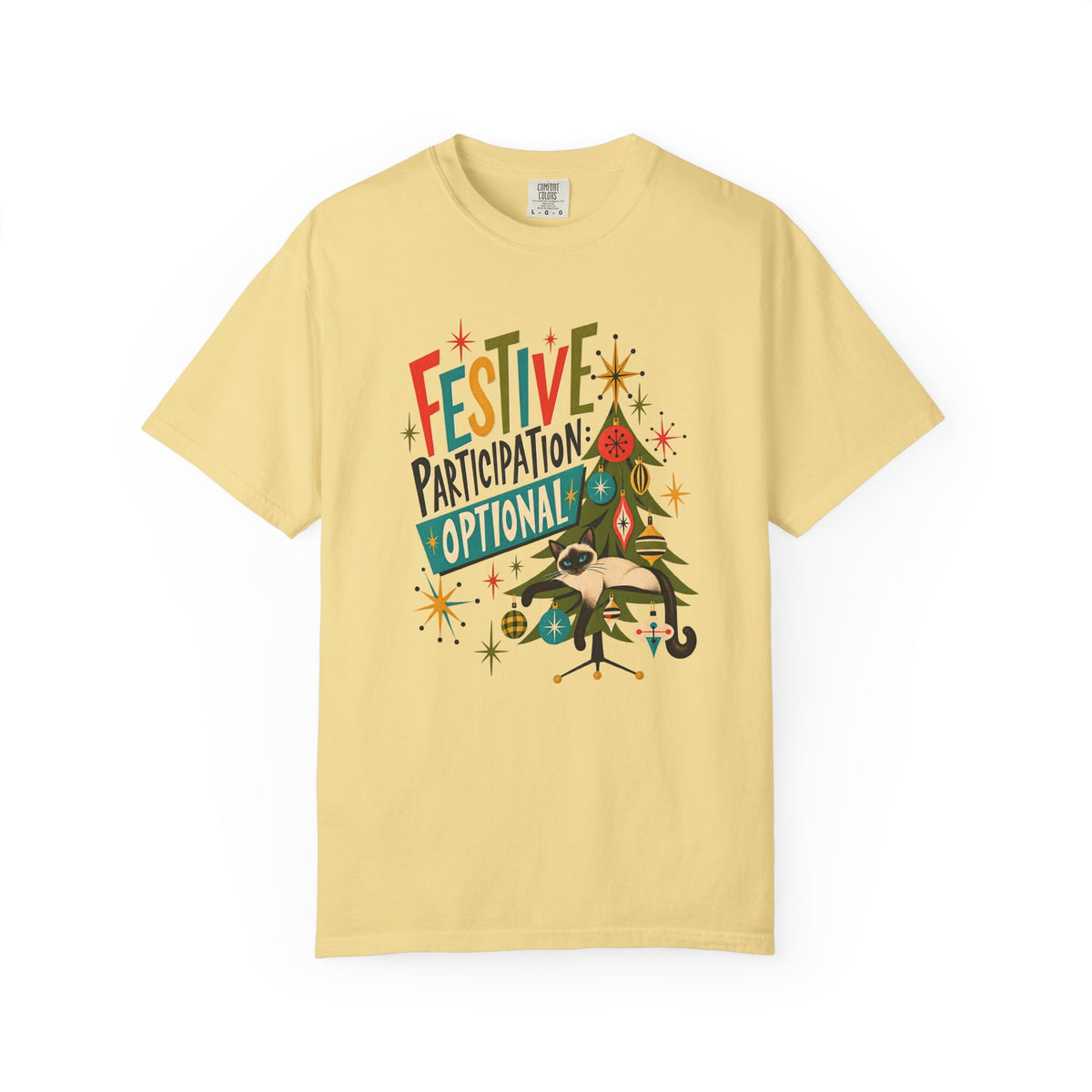 Festive Participation Optional Cat T-Shirt — Retro Christmas Tree Holiday Tee