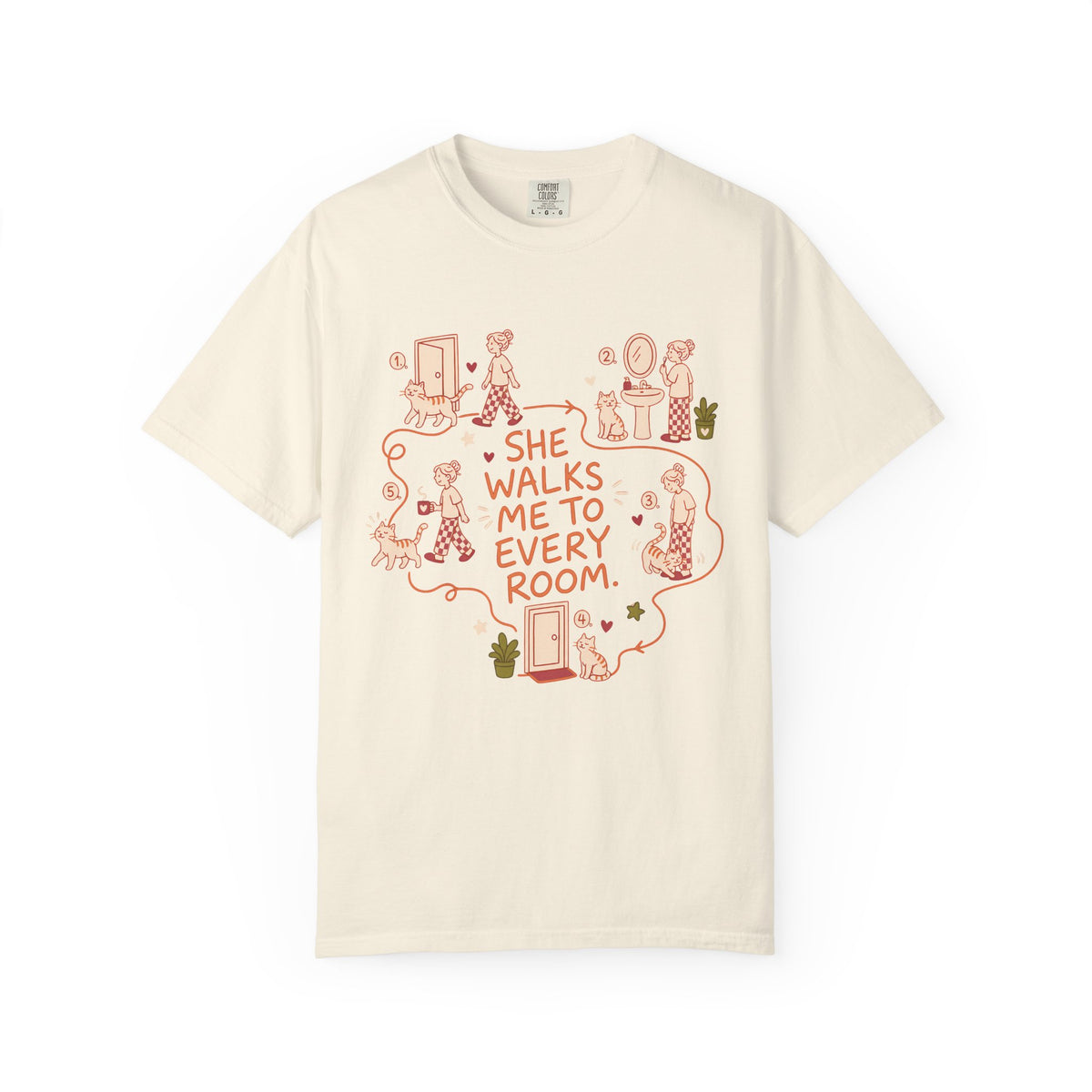 T-Shirt — "She Walks Me to Every Room" Vintage Cat Lover Tee