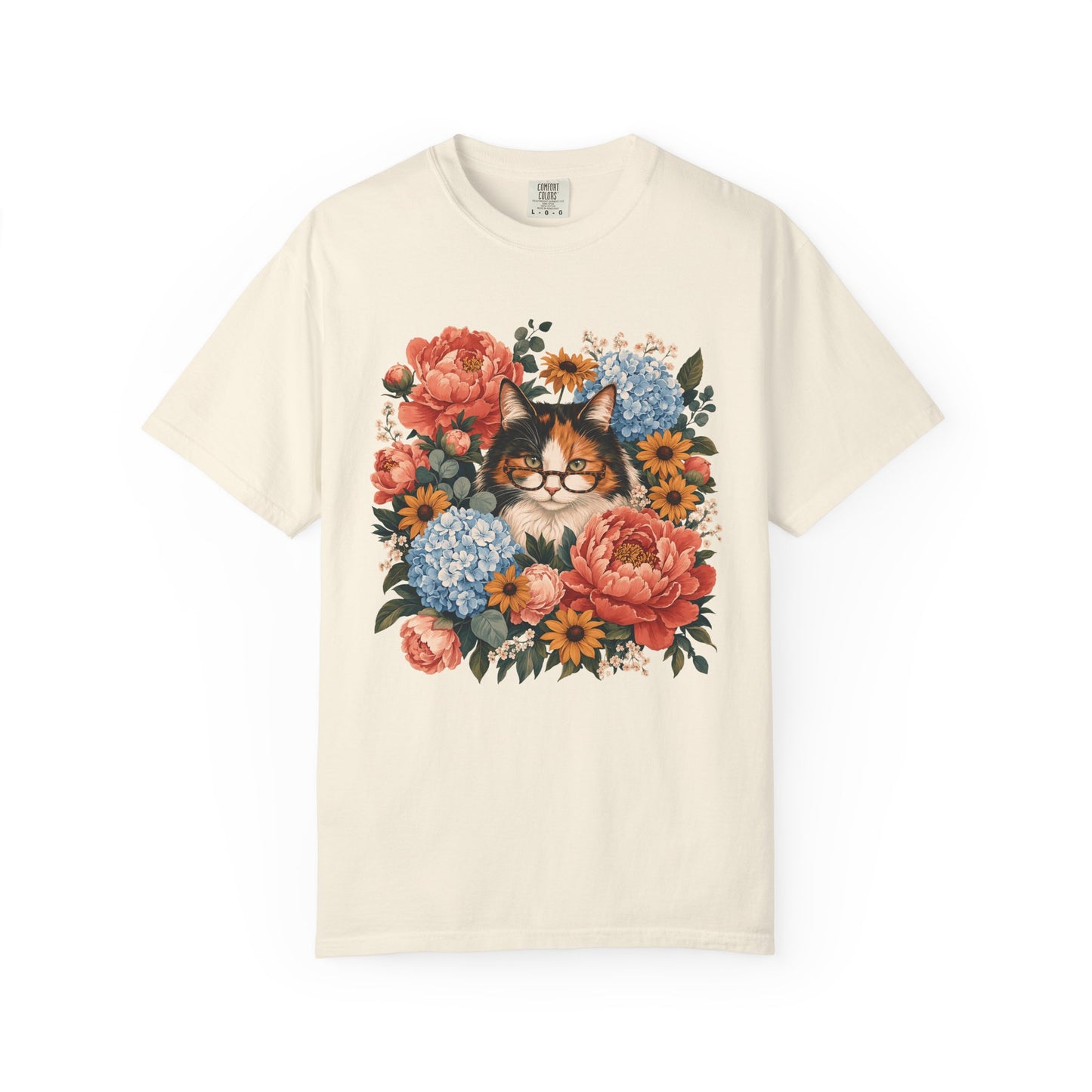 Floral Cat Tee — Vintage Cat in Glasses with Peonies & Hydrangeas