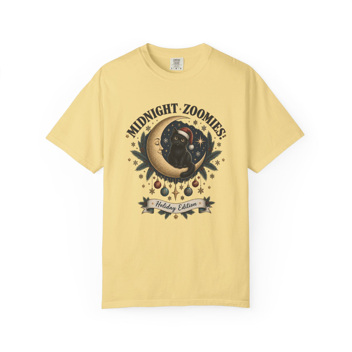 Midnight Zoomies Holiday Tee — Cute Black Cat on Crescent Moon Graphic T-Shirt