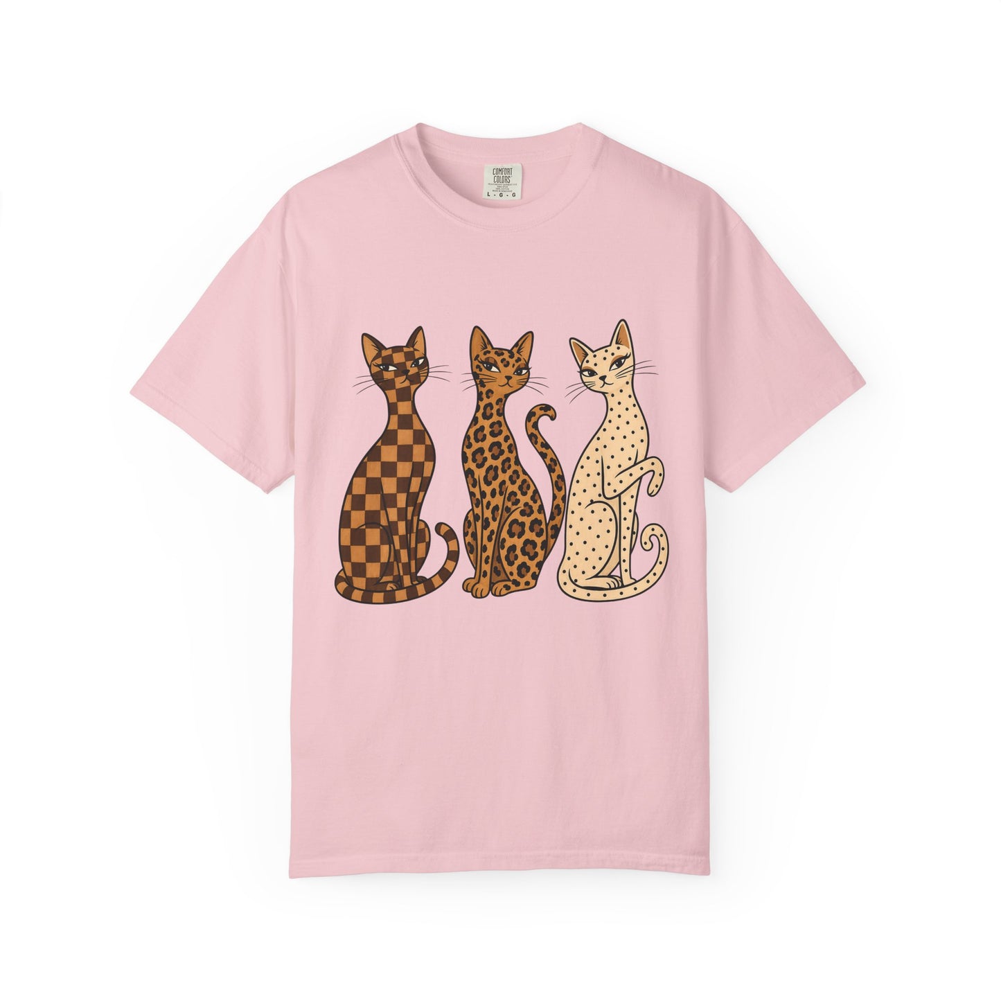 Vintage Cat Trio T-Shirt — Patterned Leopard, Check & Spotted Feline Graphic Tee