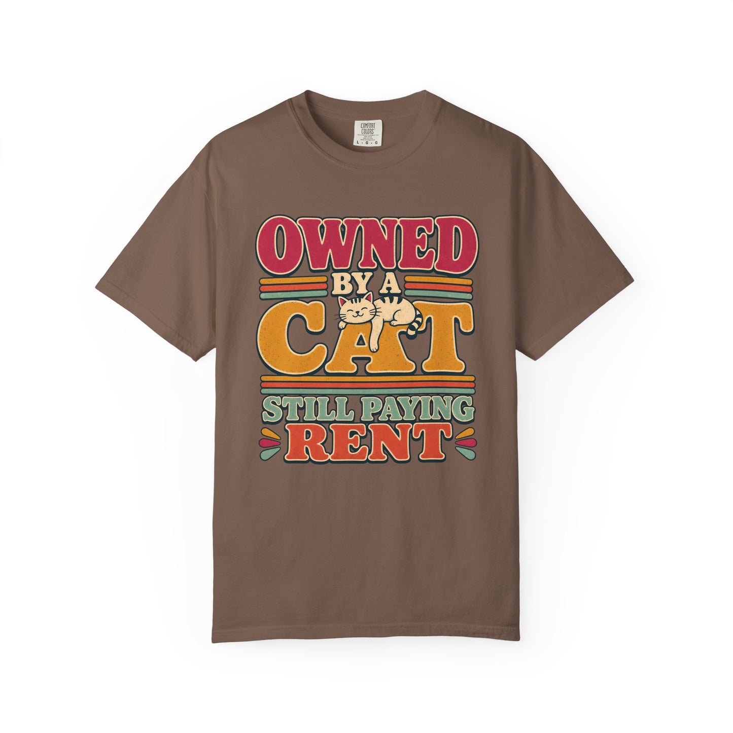 Owned by a Cat T-Shirt — Funny Retro Cat Tee ("Still Paying Rent")