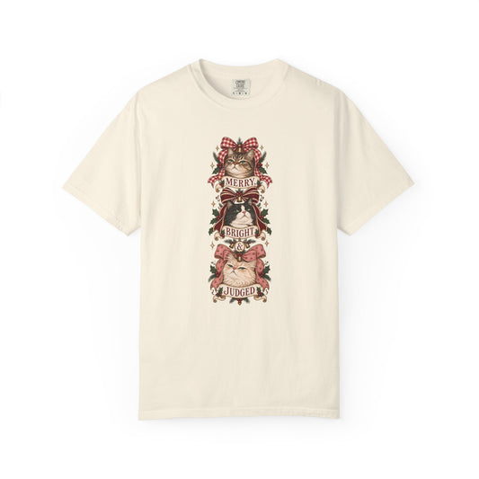 Christmas Cat T-Shirt — "Merry, Bright & Judged" Vintage Holiday Tee