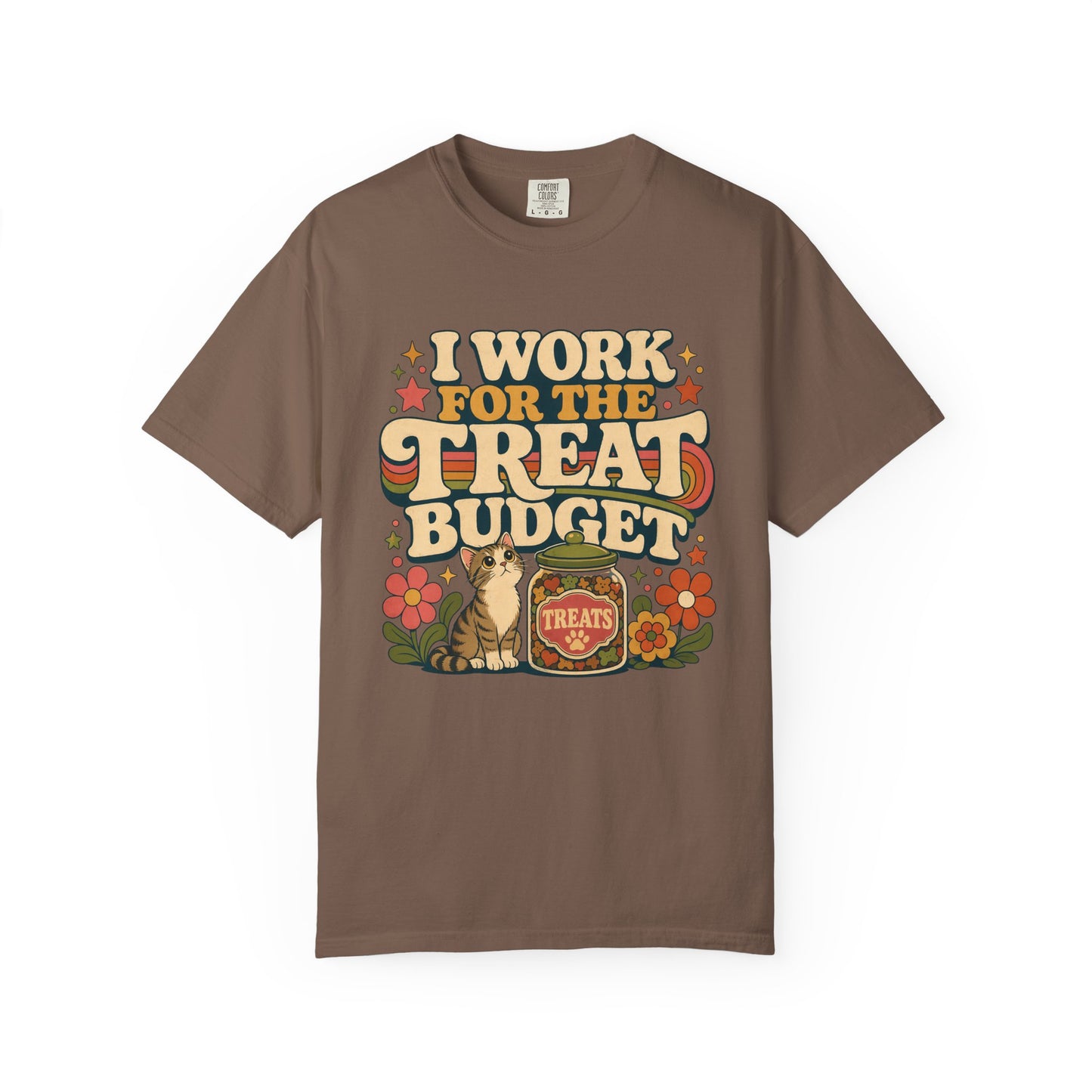 I Work for the Treat Budget T-Shirt — Retro Cat Treats Graphic Tee