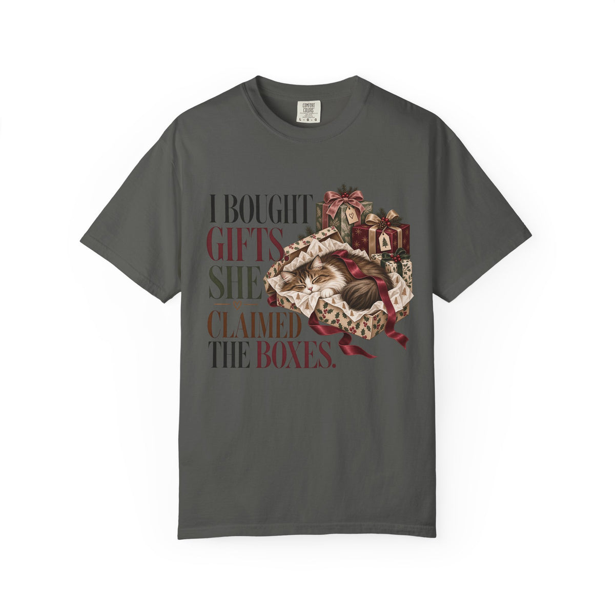 Holiday Cat T-Shirt — "I Bought Gifts, She Claimed the Boxes" Funny Christmas Tee