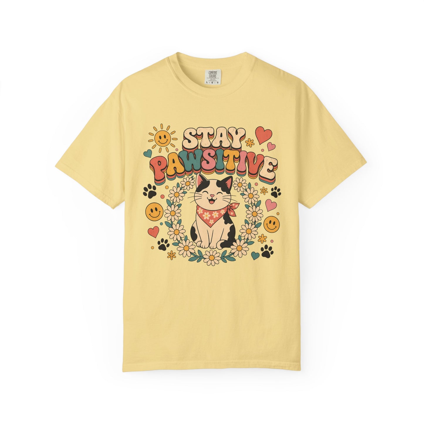 Stay Pawsitive Cat T-Shirt — Retro Floral Cute Kitten Tee