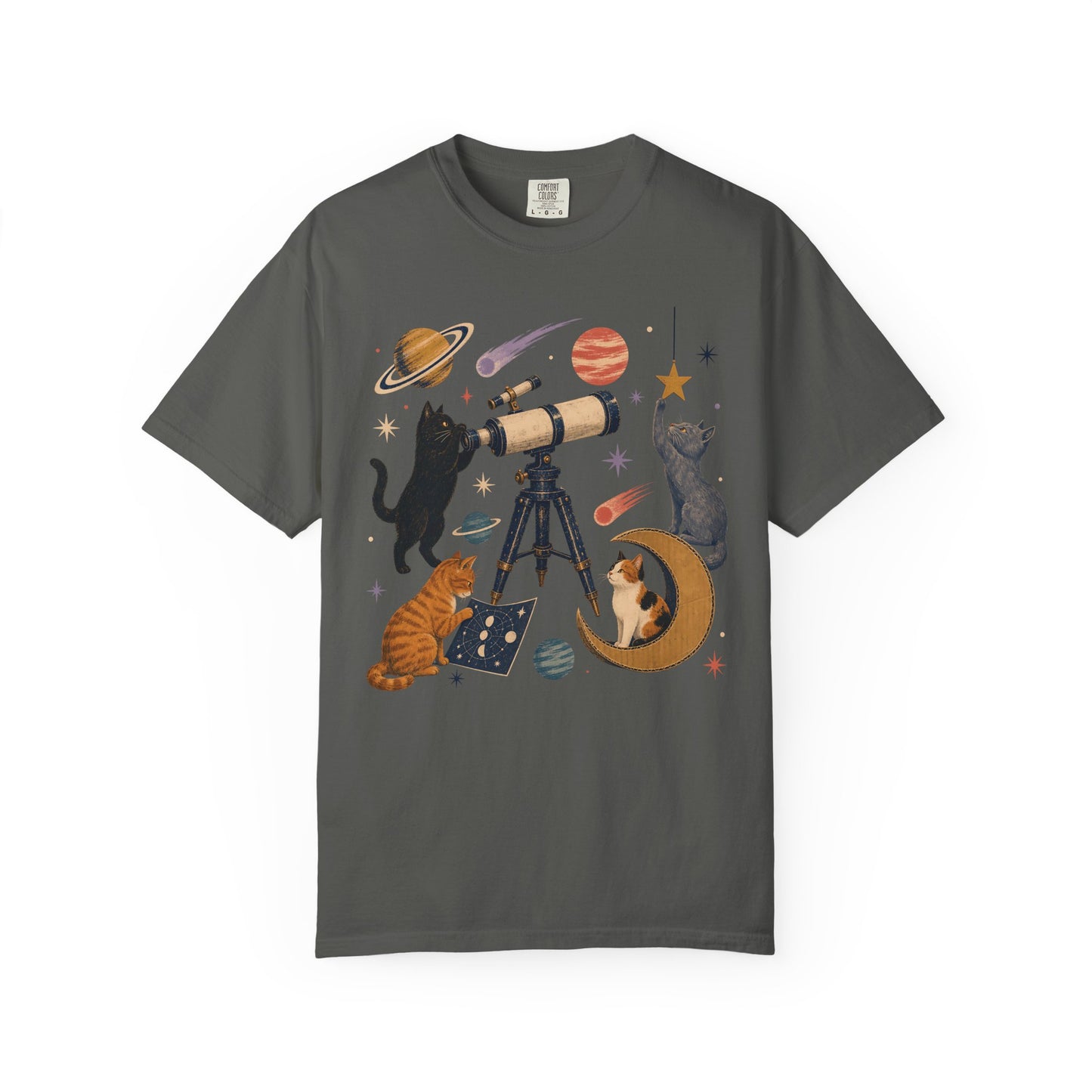 Celestial Cats Telescope T-Shirt — Space Kitty Astronomy Graphic Tee