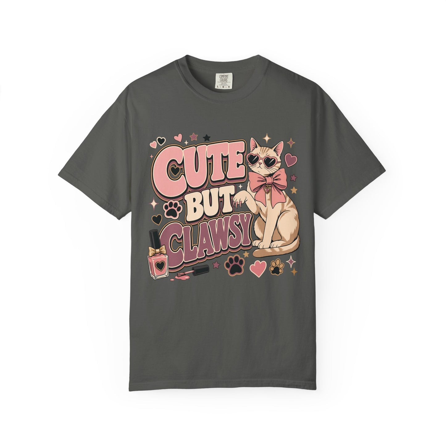 Cute But Clawsy Cat T-Shirt — Cute Cat with Nail Polish & Bow Graphic