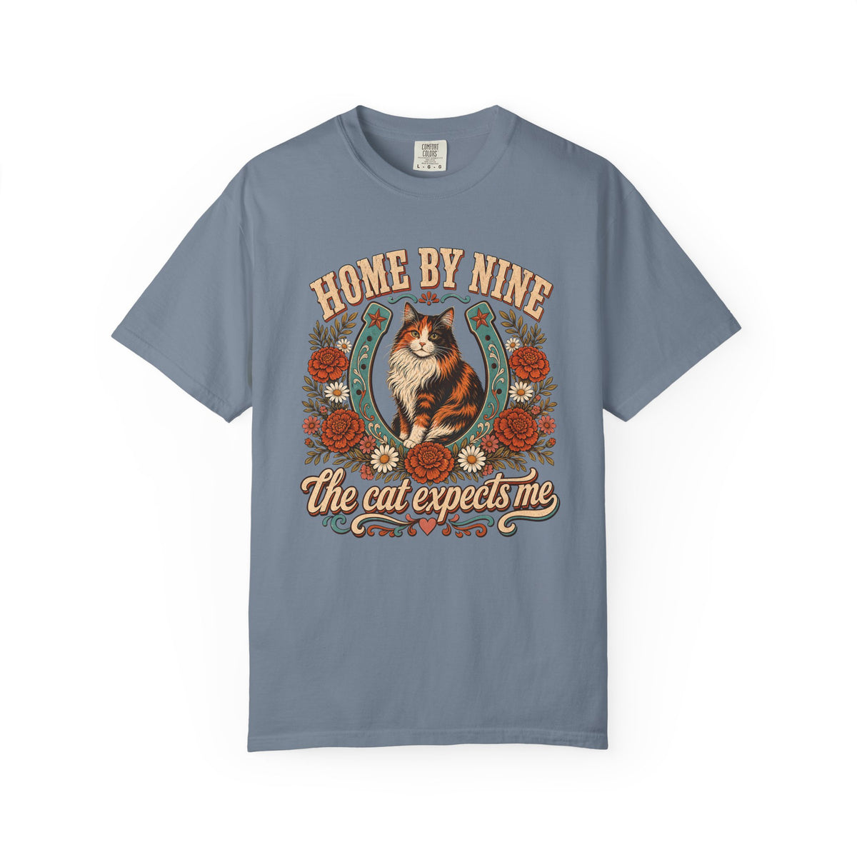 Cat Lover T-Shirt — “Home By Nine, The Cat Expects Me” Vintage Floral Design