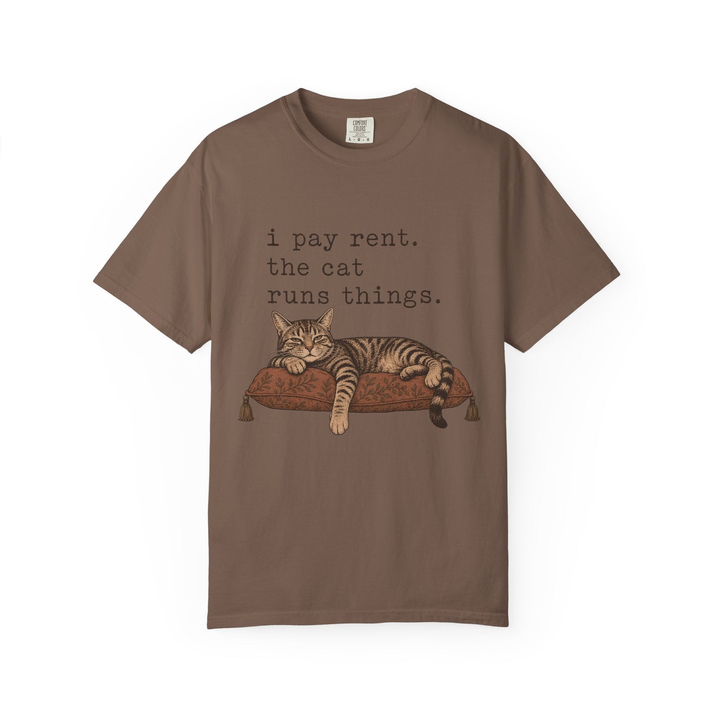 Cat Owner T-Shirt — "I Pay Rent. The Cat Runs Things." Vintage Cat Graphic Tee
