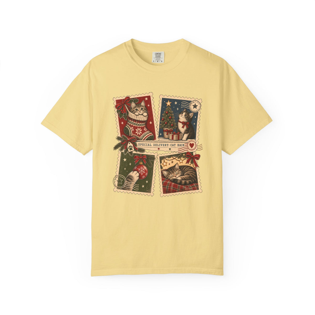Vintage Holiday Cats T-Shirt — "Special Delivery Cat Hair" Christmas Graphic Tee