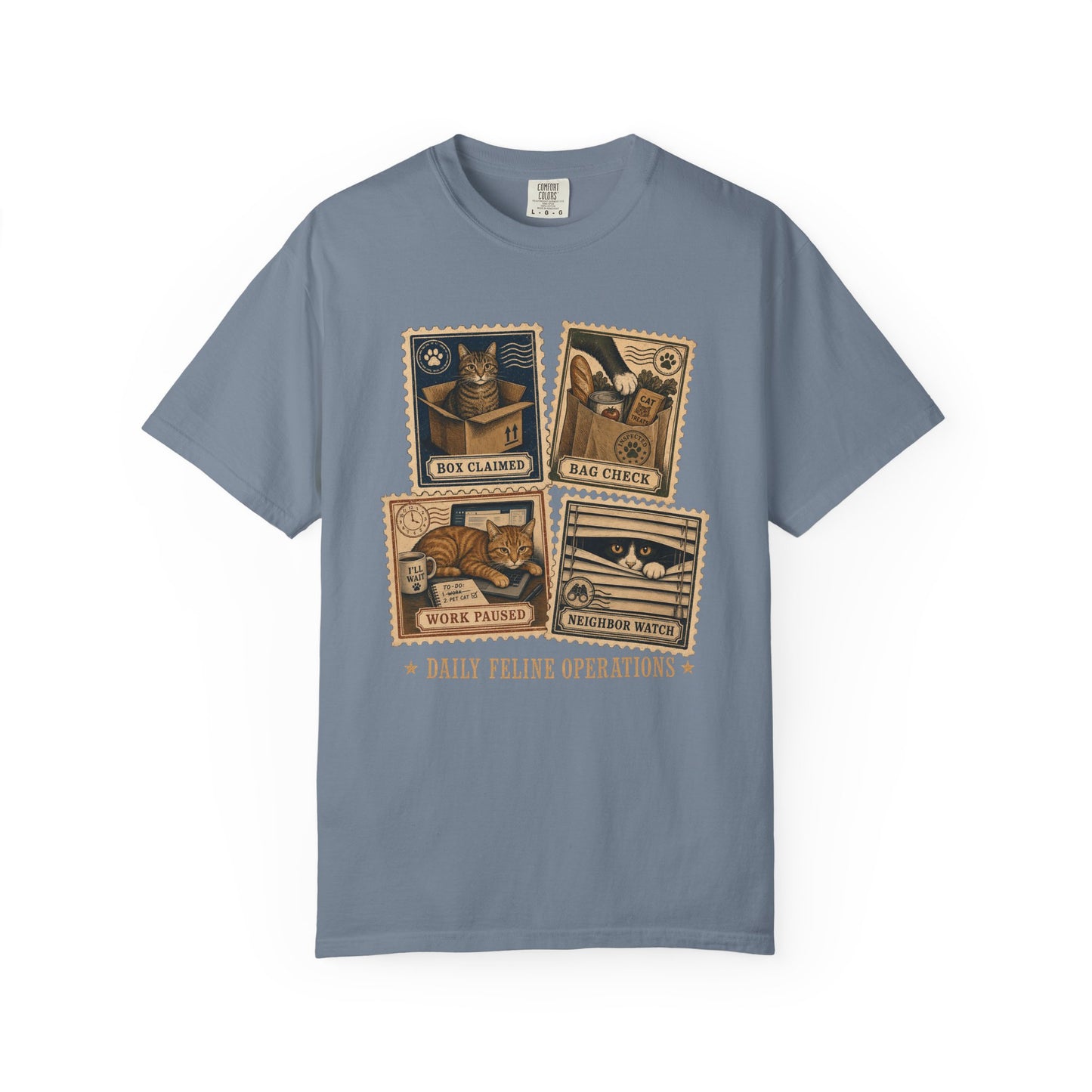 Cat Stamps Graphic T-Shirt — "Daily Feline Operations" Vintage Cat Comic Tee