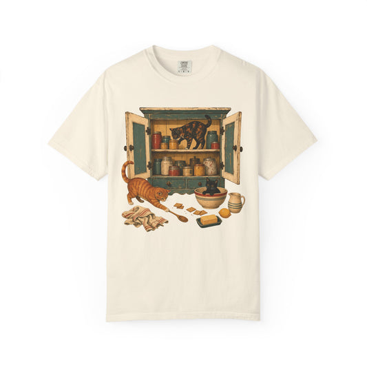 Cabinet Kitchen Cats T-Shirt — Vintage Pantry Illustration Tee
