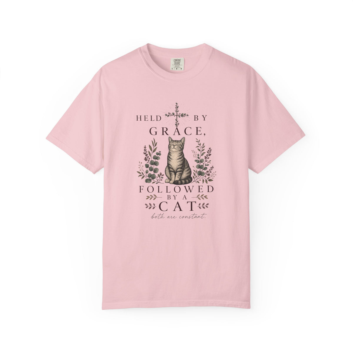T-Shirt — "Held by Grace, Followed by the Cat" Vintage Cat Faith Tee
