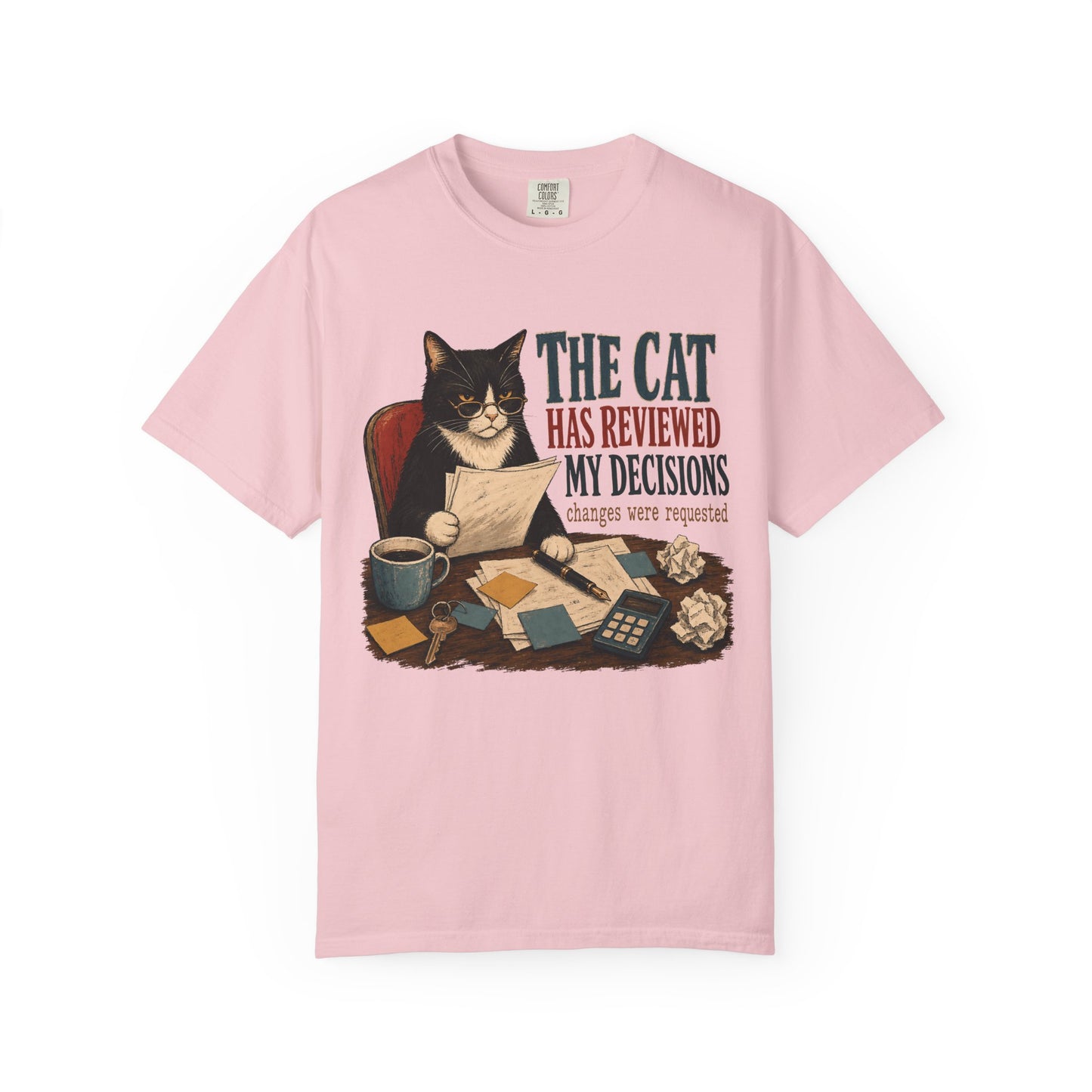 Cat Reviewer T-Shirt — "The Cat Has Reviewed My Decisions" Vintage Cat Office Tee