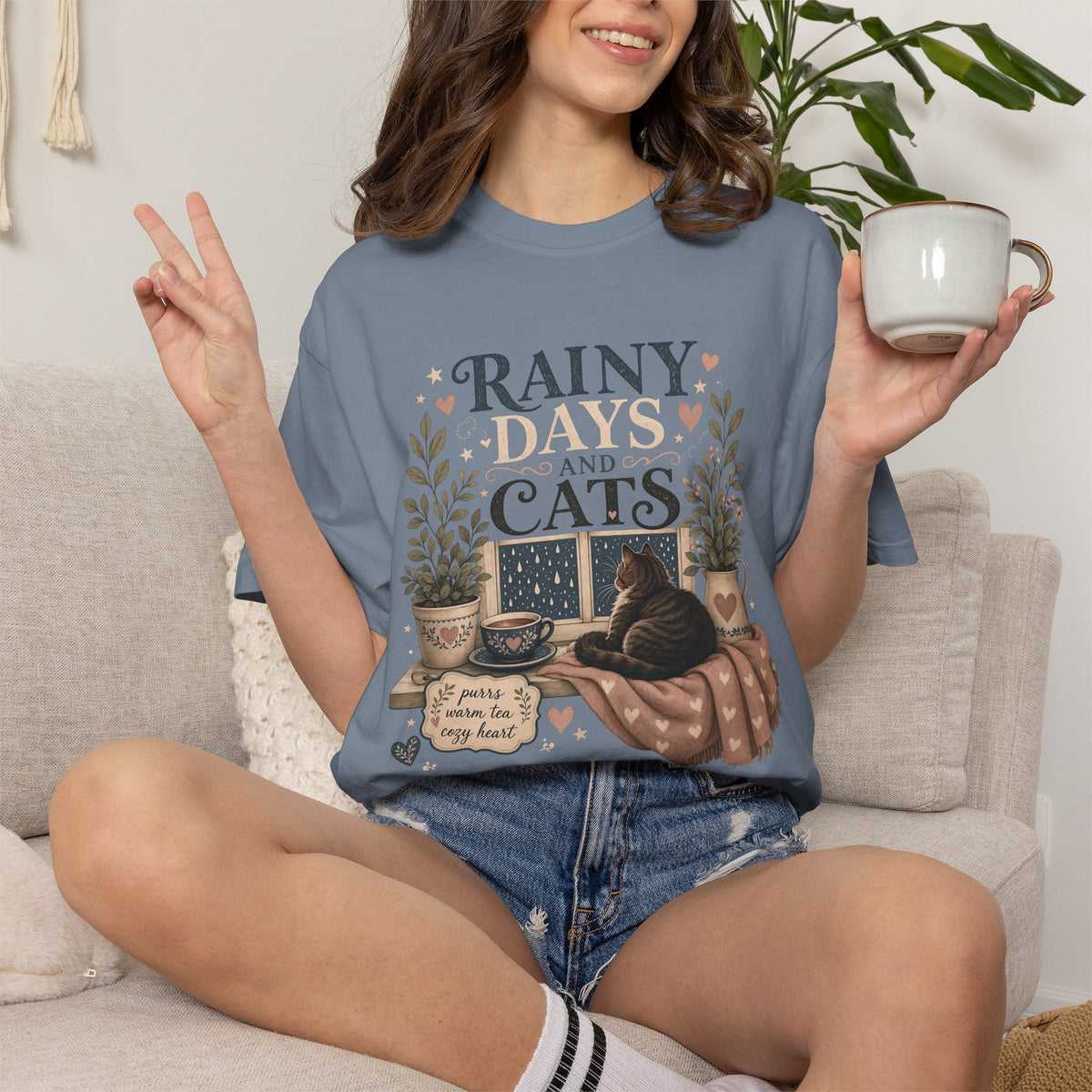 Rainy Days and Cats T-Shirt — Cozy Cat Lover Tee