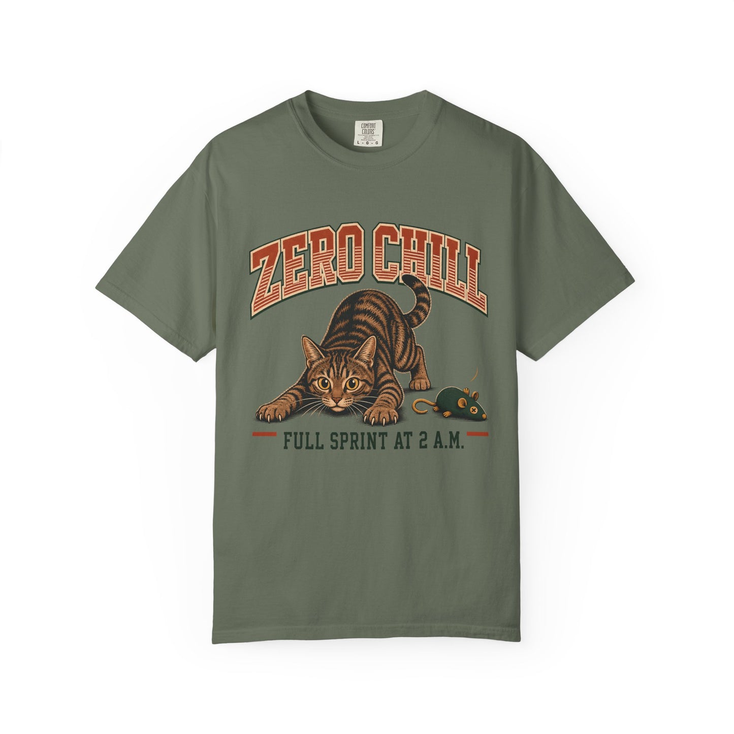 Zero Chill Cat T-Shirt — "Full Sprint at 2 A.M." Graphic Tee