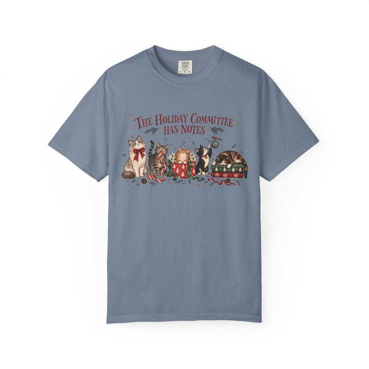Holiday Committee Cats T-Shirt — "The Holiday Committee Has Notes" Cute Festive Cat Crew Tee