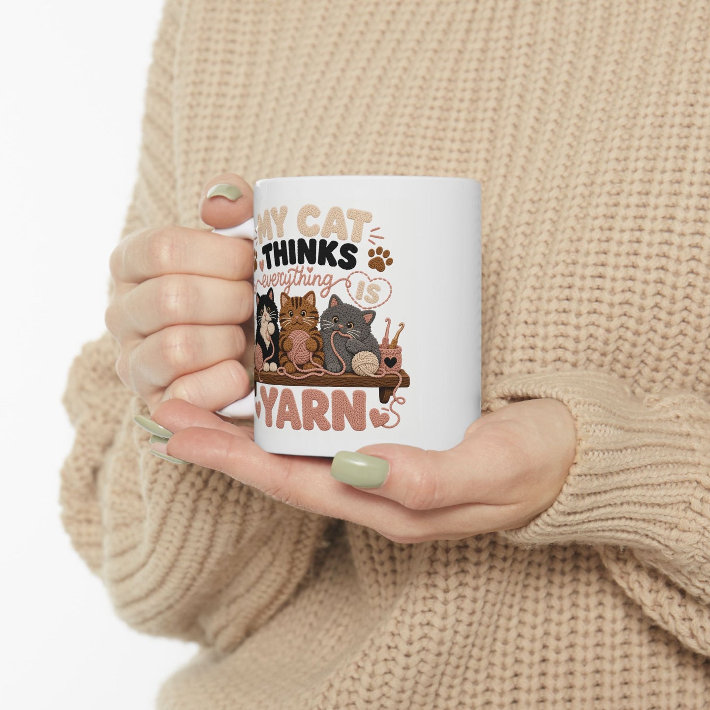 Cat Mom Ceramic Mug — Cozy Coffee Tea Cup with Cats, Yarn & Paw Prints