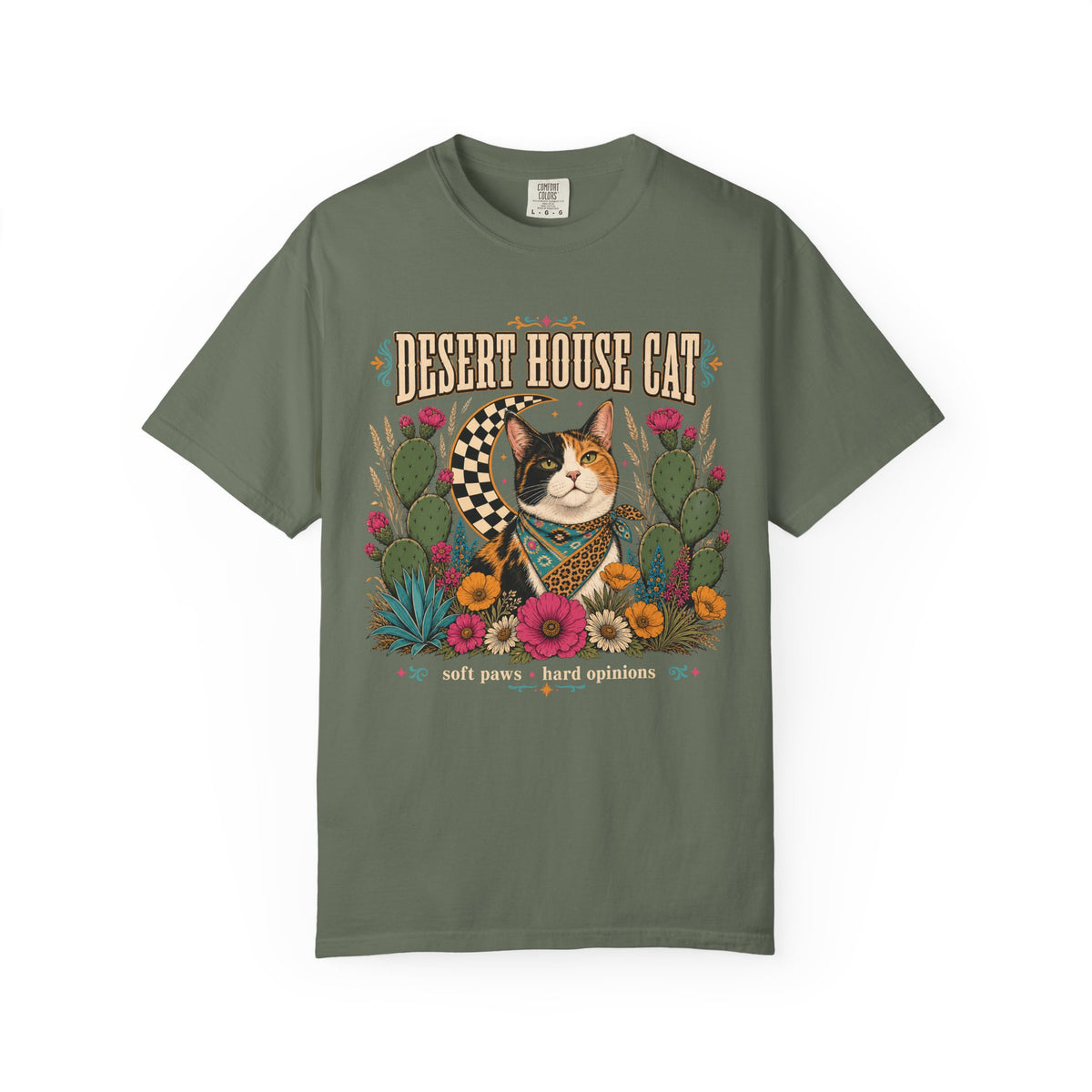 Desert House Cat T-Shirt — Vintage Calico Cat & Cactus Graphic
