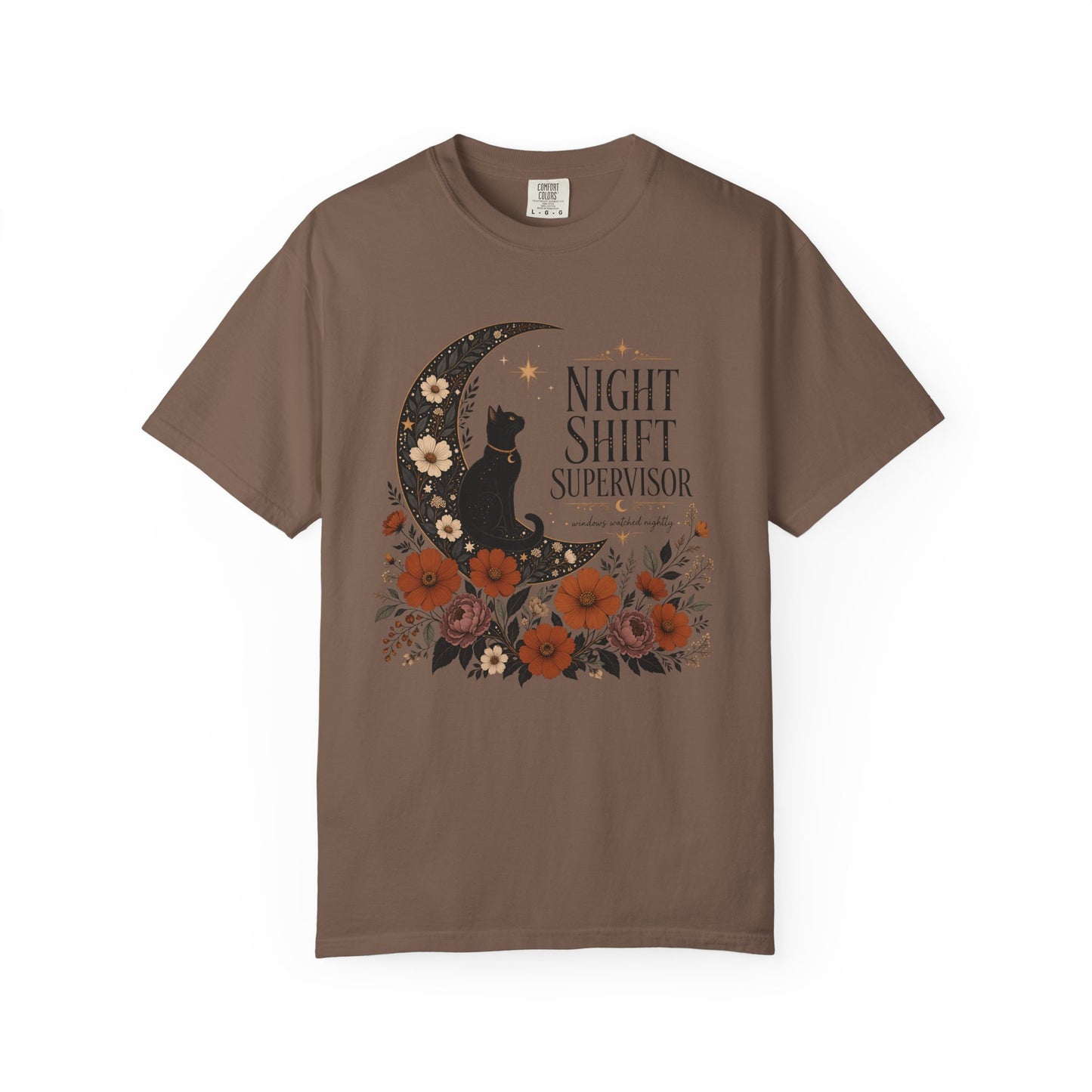 Night Shift Supervisor T-Shirt — Moon Cat Floral Crew Tee
