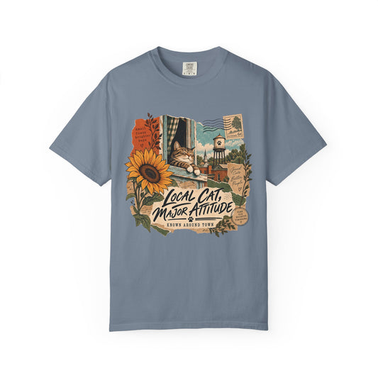 Graphic T‑Shirt — 'Local Cat, Major Attitude' Vintage Sunflower Tee