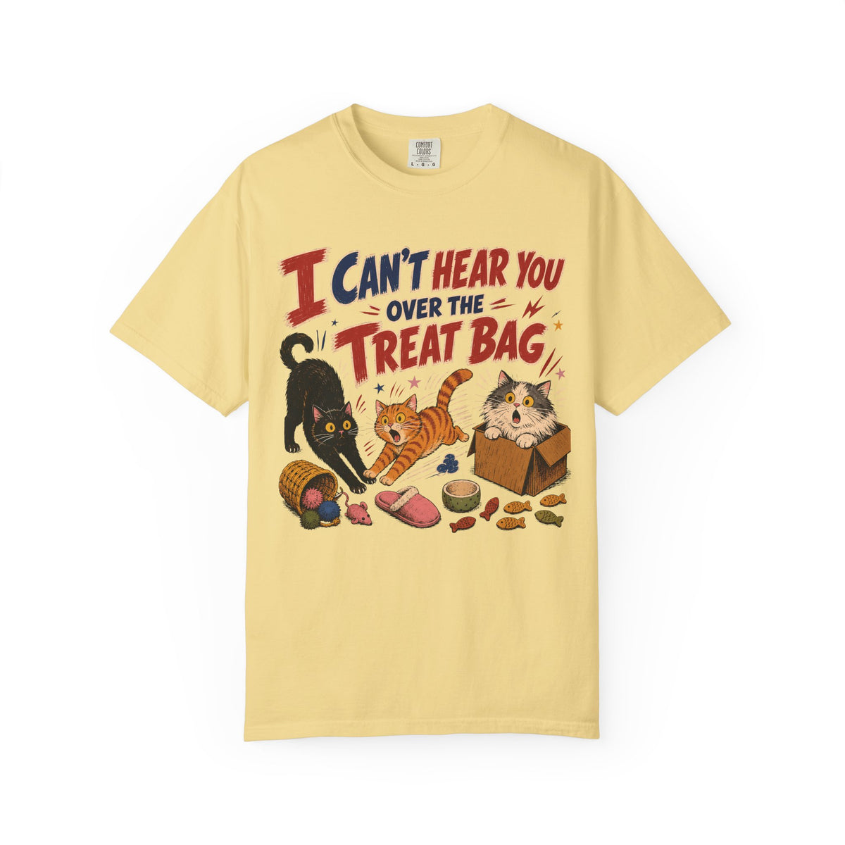 Halloween Cat Treats T-Shirt — "I Can't Hear You Over the Treat Bag" Cute Cat Halloween Tee