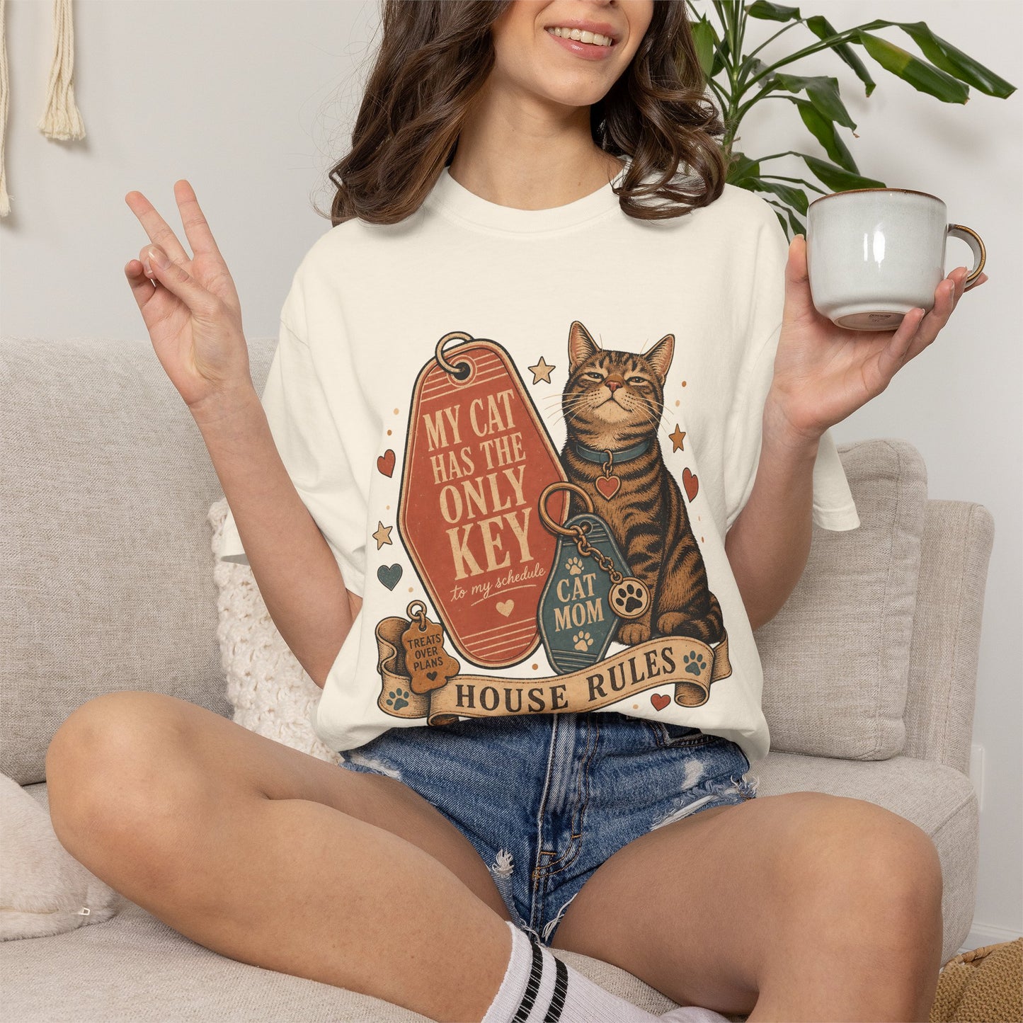 Cat Mom T-Shirt — “My Cat Has The Only Key” Vintage House Rules Tee