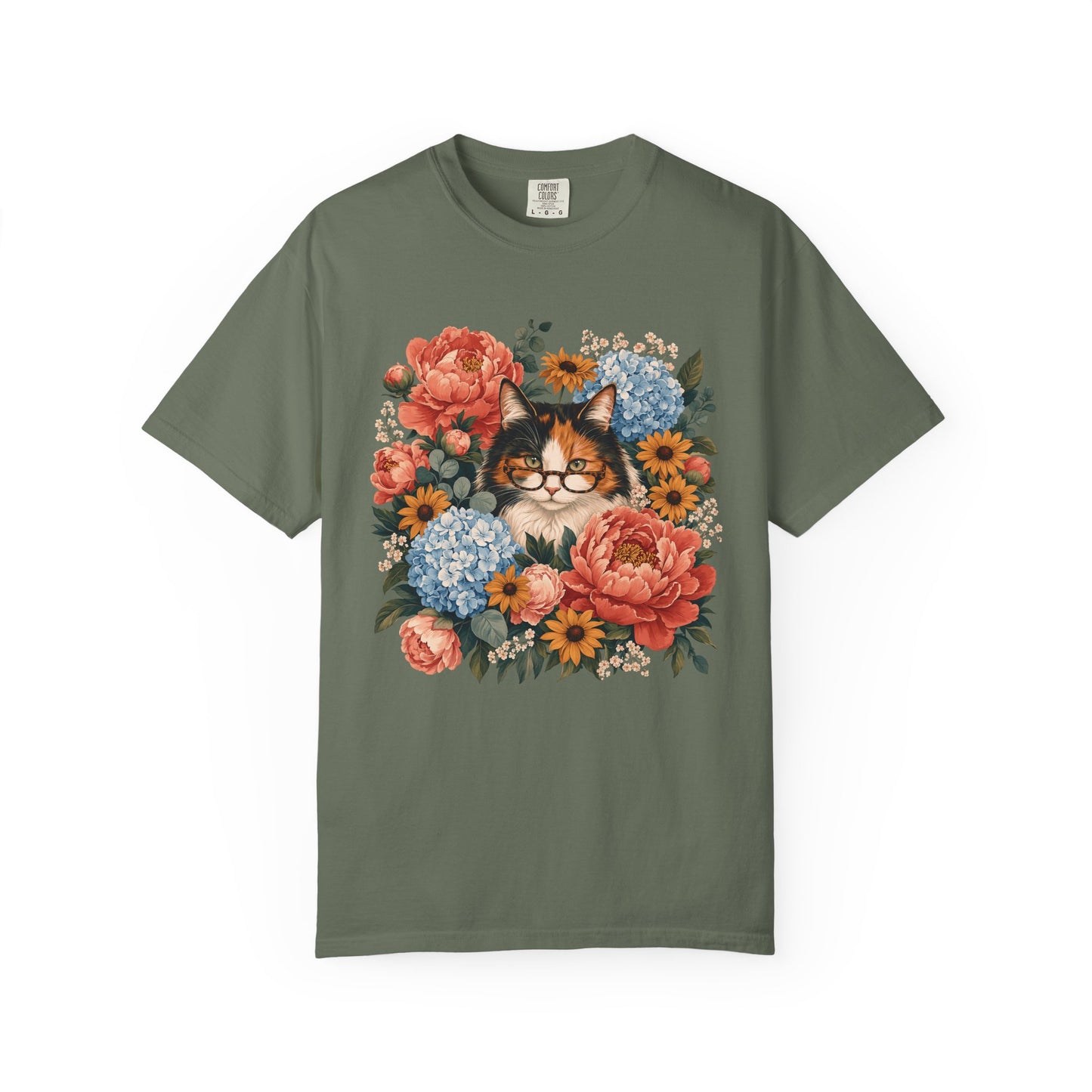 Floral Cat Tee — Vintage Cat in Glasses with Peonies & Hydrangeas