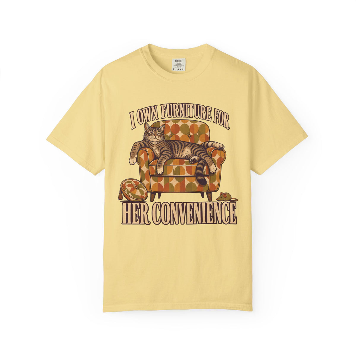 Cat Lover T‑Shirt – "I Own Furniture For Her Convenience" Vintage Cat Graphic Tee