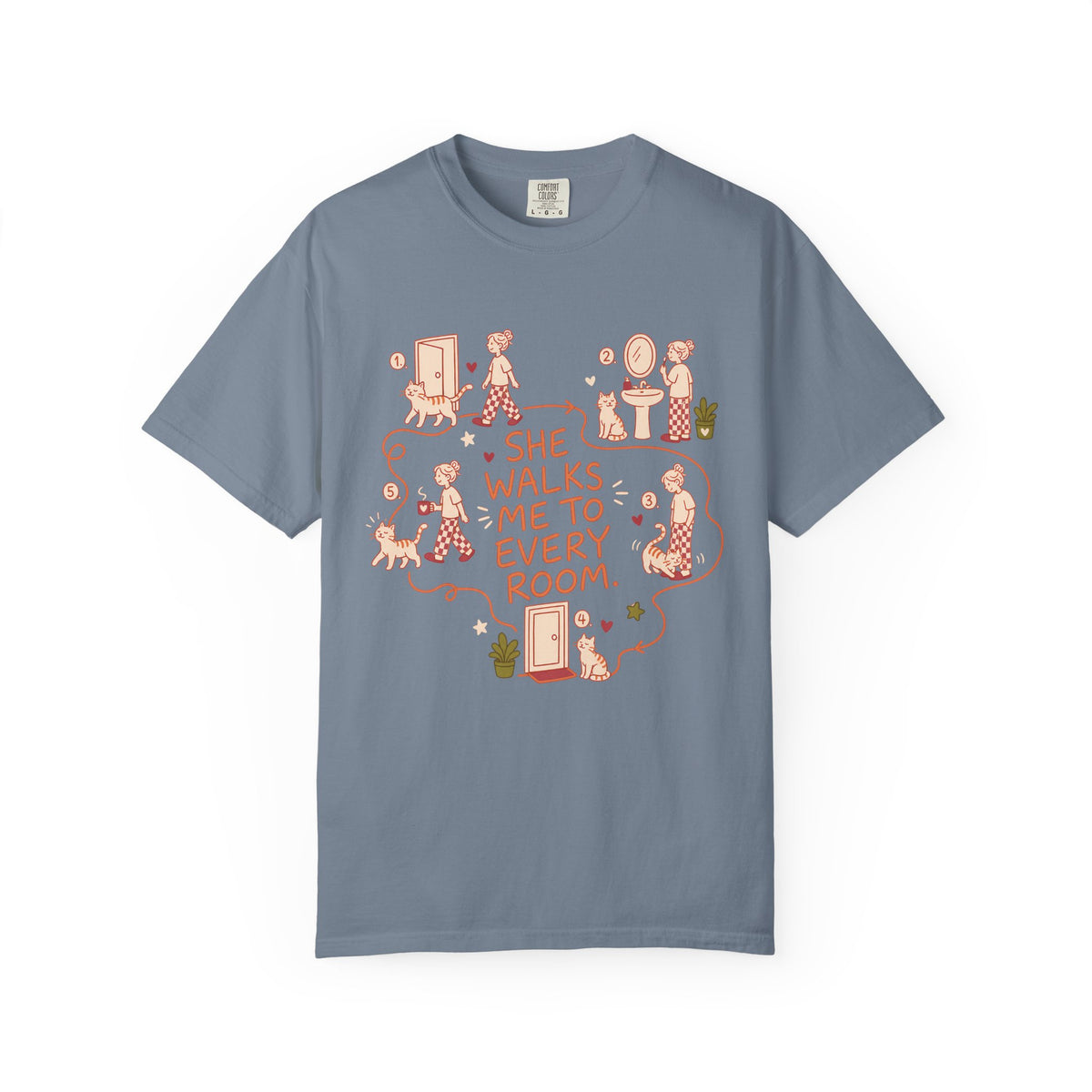 T-Shirt — "She Walks Me to Every Room" Vintage Cat Lover Tee