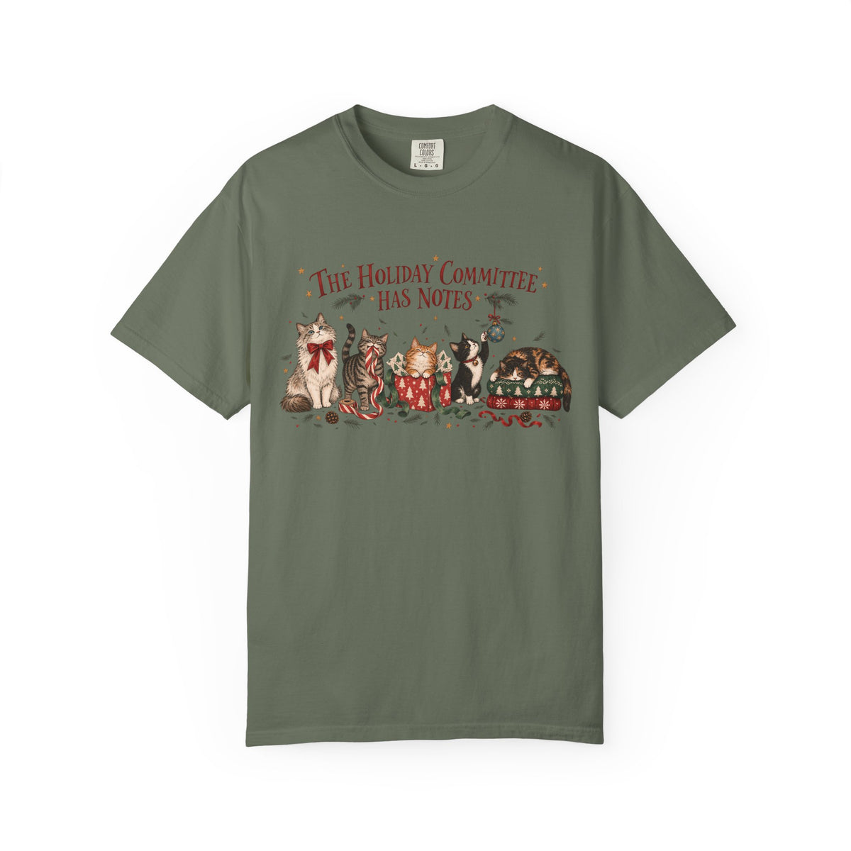 Holiday Committee Cats T-Shirt — "The Holiday Committee Has Notes" Cute Festive Cat Crew Tee