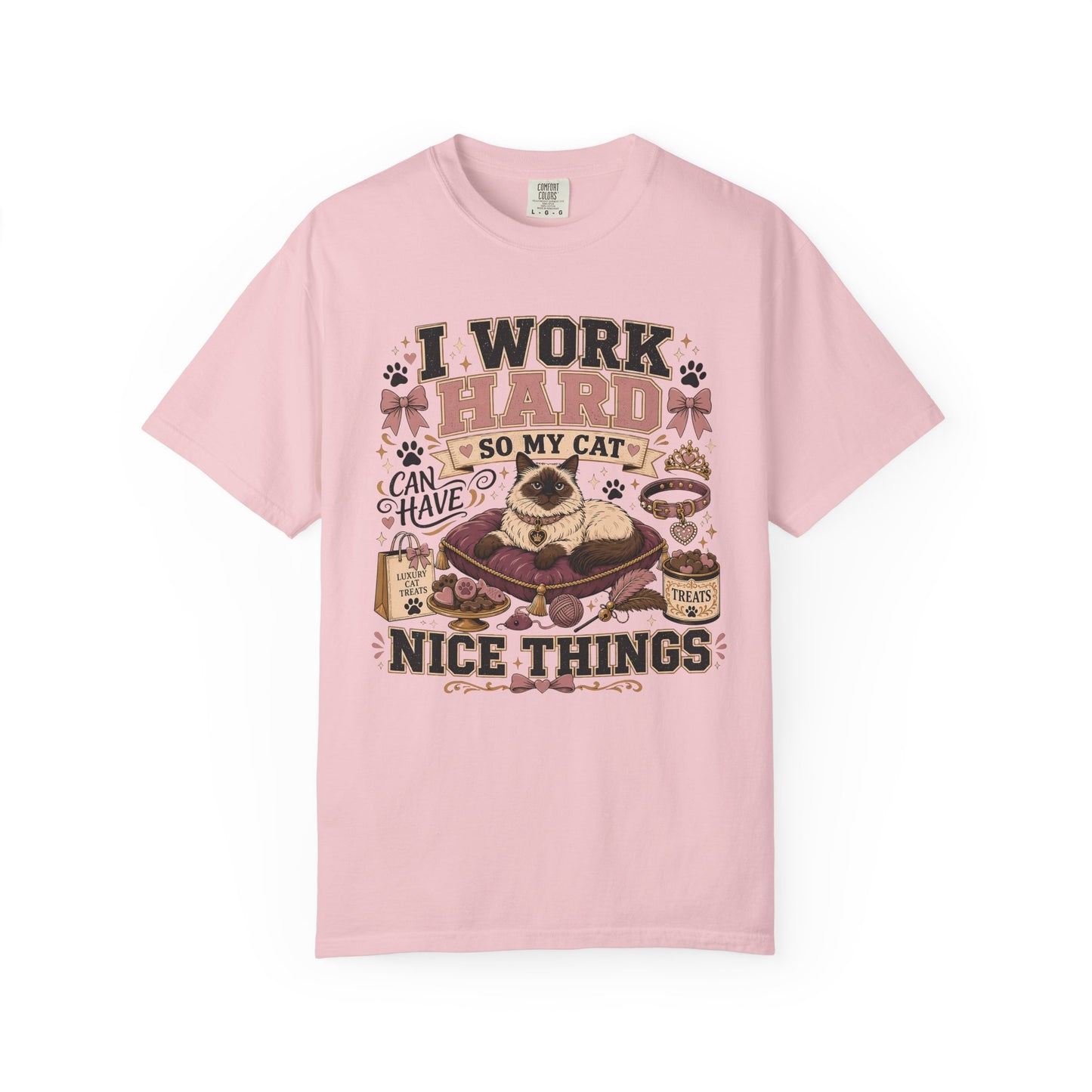 Cat Lover T-Shirt — "I Work Hard So My Cat Can Have Nice Things" Vintage Graphic