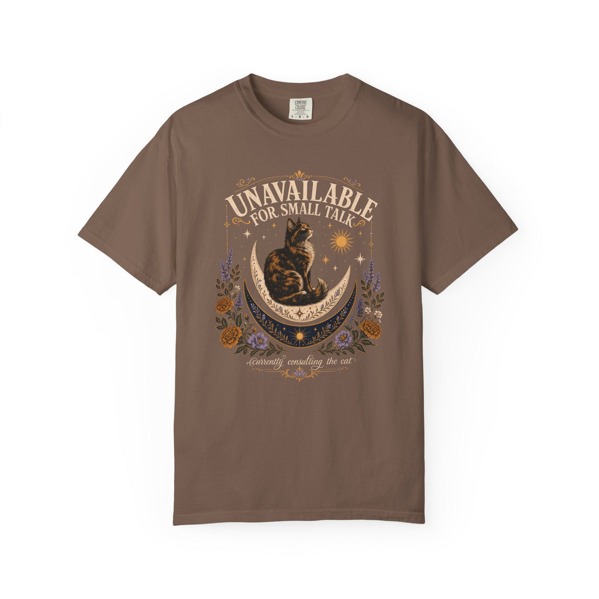 Unavailable for Small Talk T-Shirt — Cat on Crescent Moon Graphic Tee