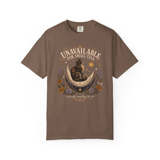Unavailable for Small Talk T-Shirt — Cat on Crescent Moon Graphic Tee