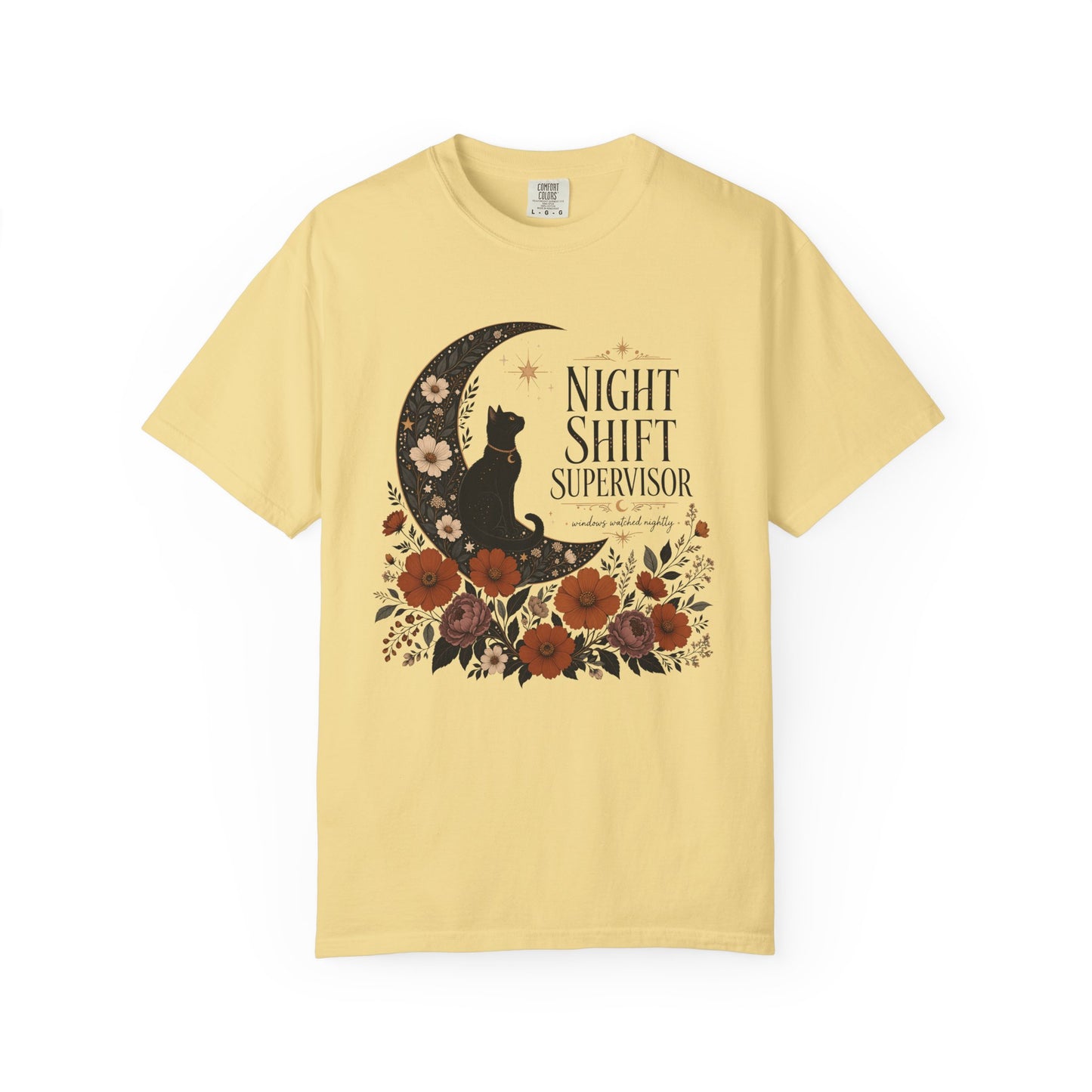 Night Shift Supervisor T-Shirt — Moon Cat Floral Crew Tee