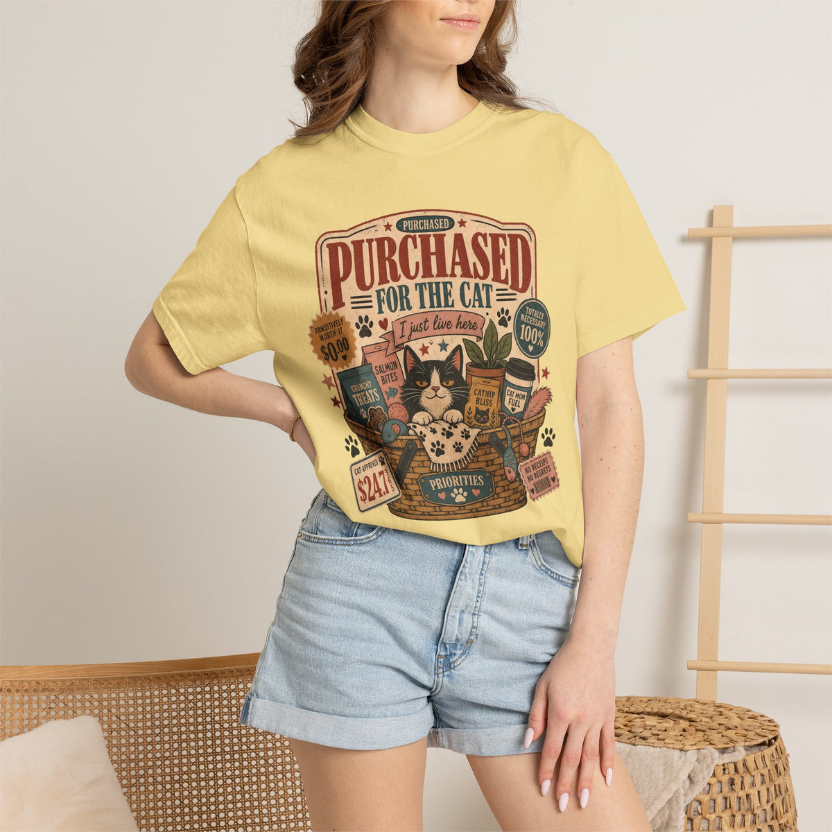 Cat Lover T-Shirt — "Purchased for the Cat" Vintage Pet Humor Tee