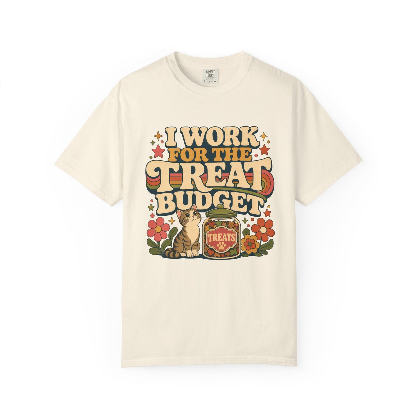 I Work for the Treat Budget T-Shirt — Retro Cat Treats Graphic Tee