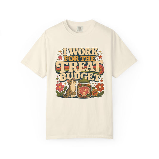 I Work for the Treat Budget T-Shirt — Retro Cat Treats Graphic Tee