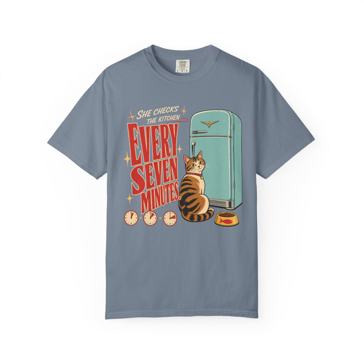 Every Seven Minutes Cat T-Shirt – Retro Refrigerator Graphic Tee for Cat Lovers