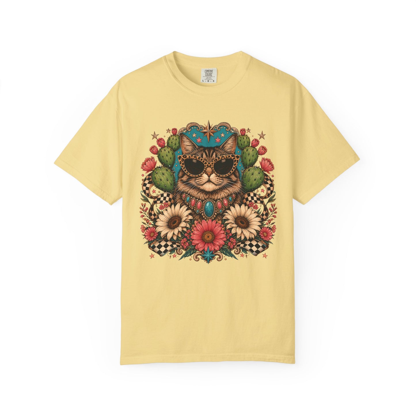 Cat with Sunglasses Floral T-Shirt — Retro Boho Kitty Graphic Tee