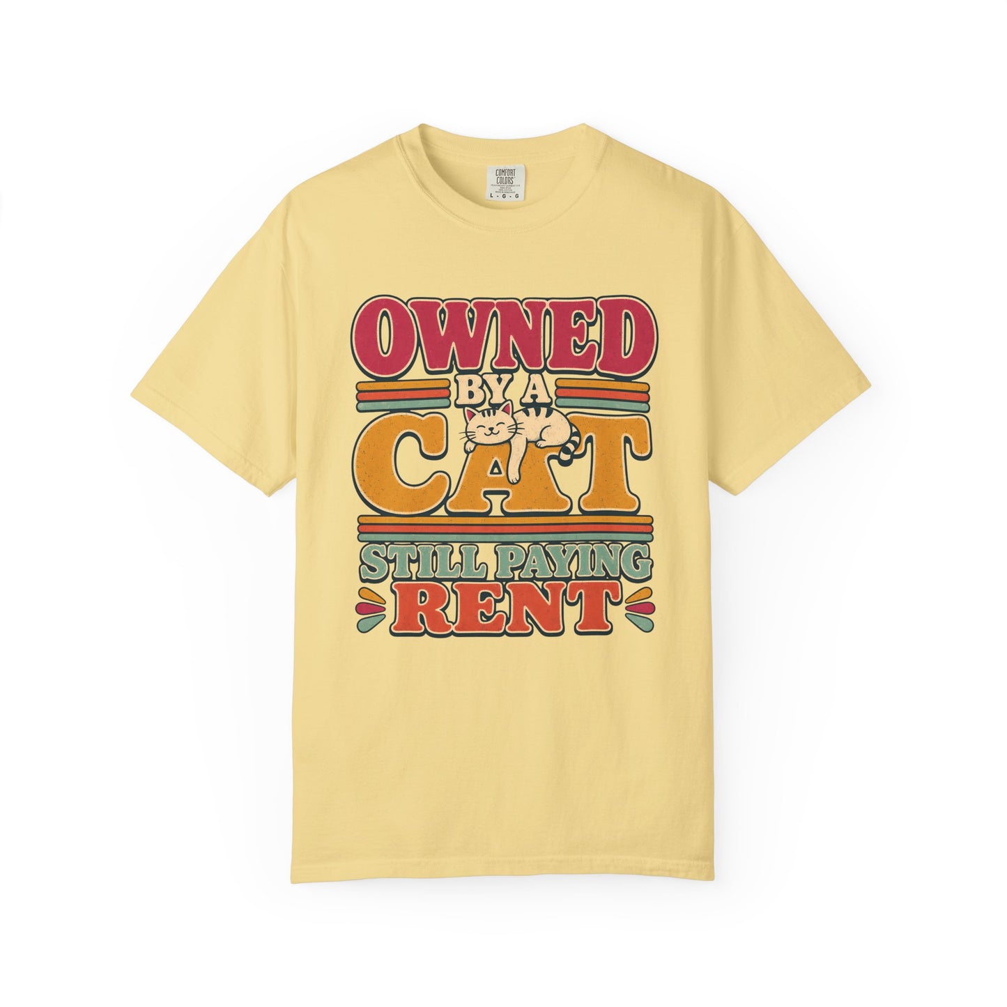 Owned by a Cat T-Shirt — Funny Retro Cat Tee ("Still Paying Rent")