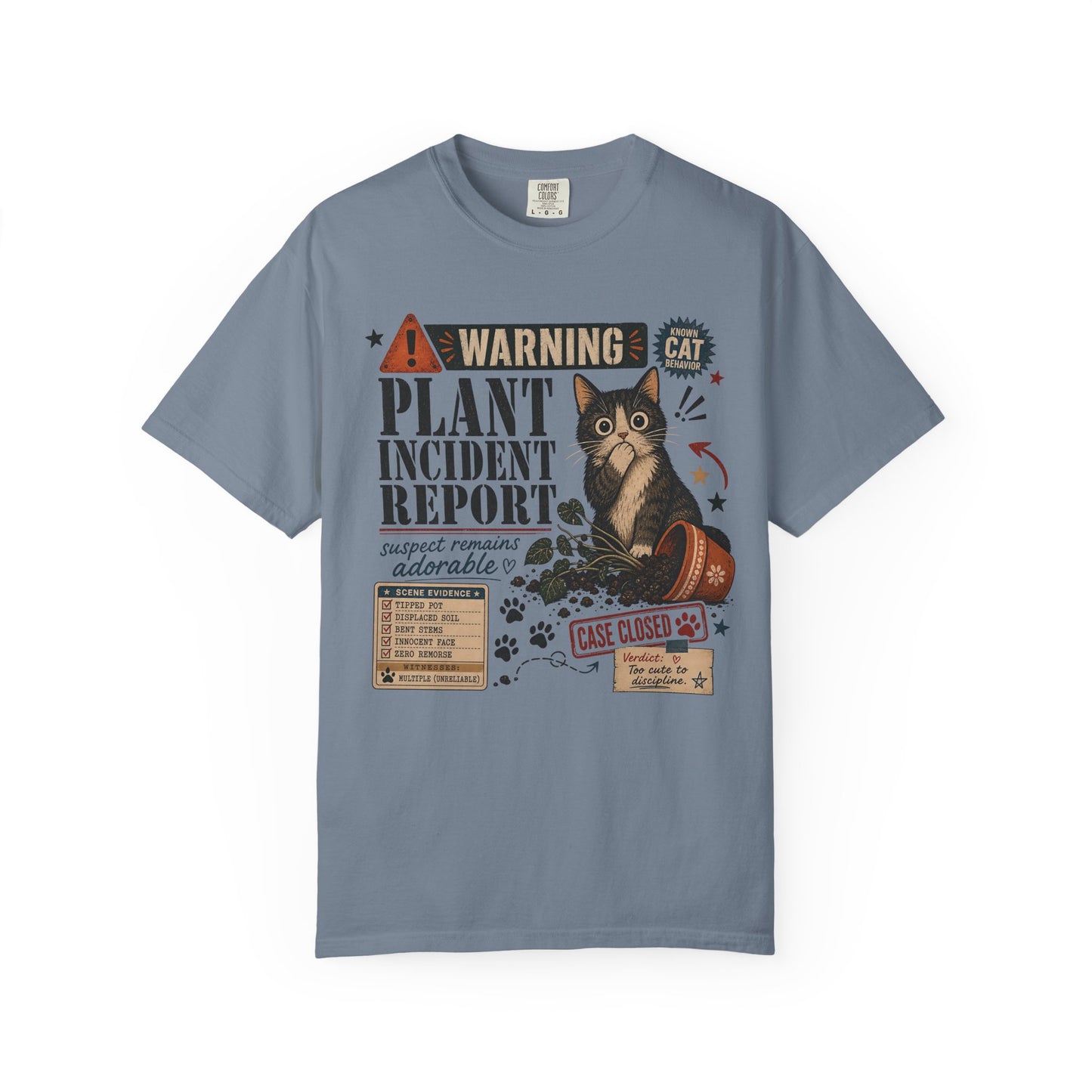Plant Incident Report Cat T-Shirt – Cute ‘Case Closed’ Gardening Cat Graphic Tee