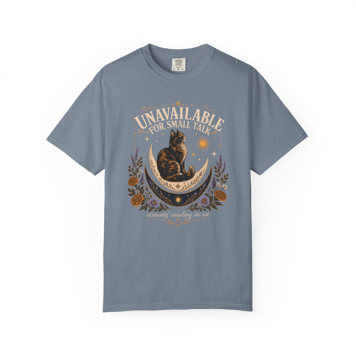Unavailable for Small Talk T-Shirt — Cat on Crescent Moon Graphic Tee
