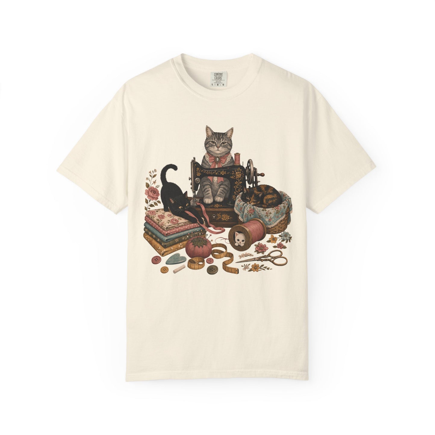 Cat Crafter T-Shirt — Vintage Sewing & Yarn Cat Graphic Tee