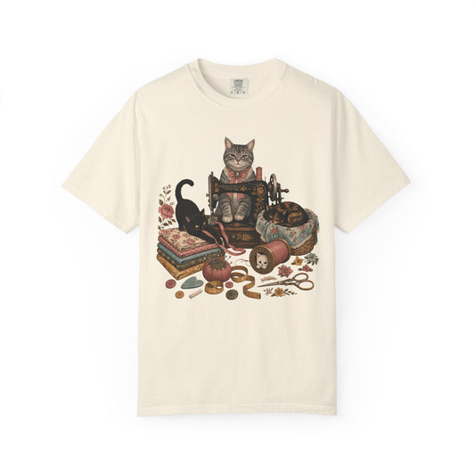Cat Crafter T-Shirt — Vintage Sewing & Yarn Cat Graphic Tee