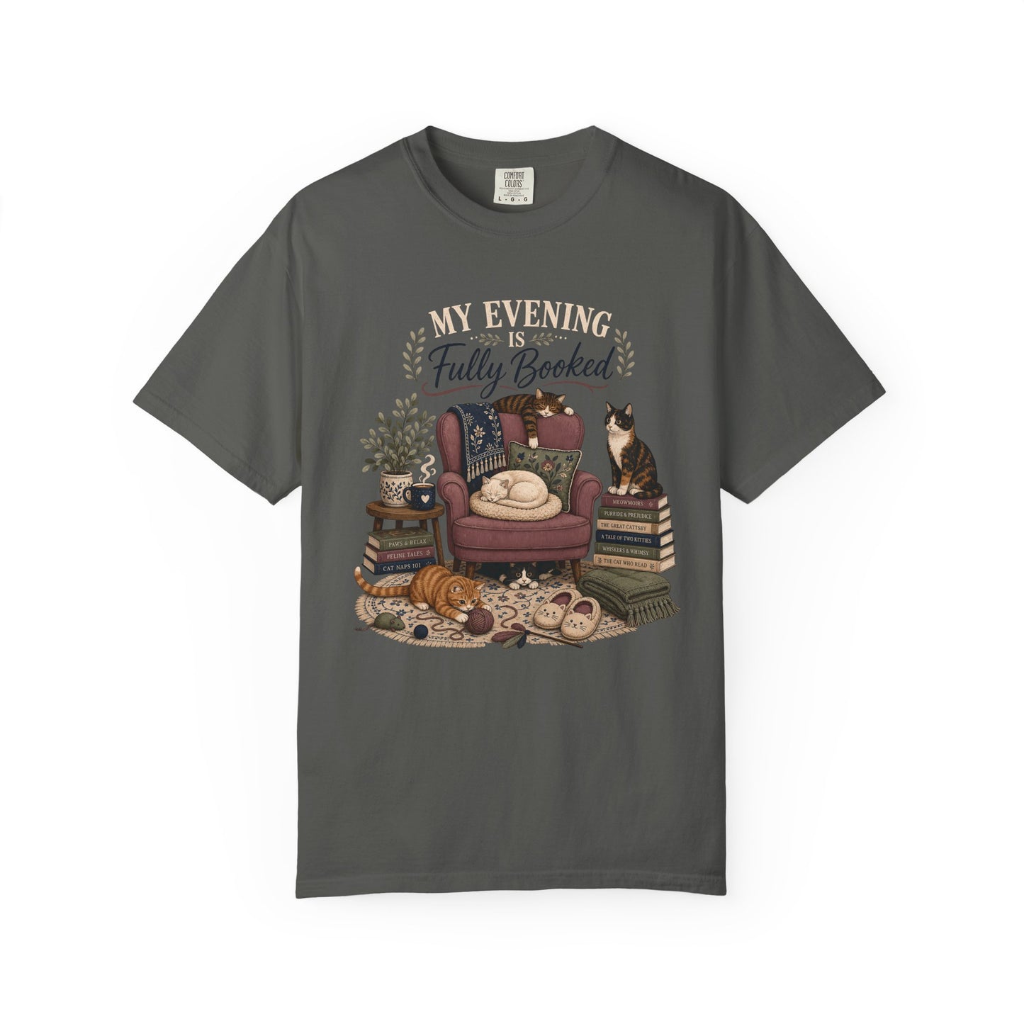 “My Evening Is Fully Booked” Cozy Reading Tee with Cats & Books